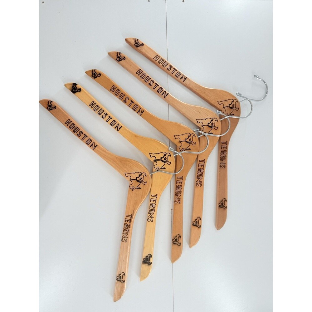 5 Custom personalized wooden hangers featuring the Houston Texans logo and name